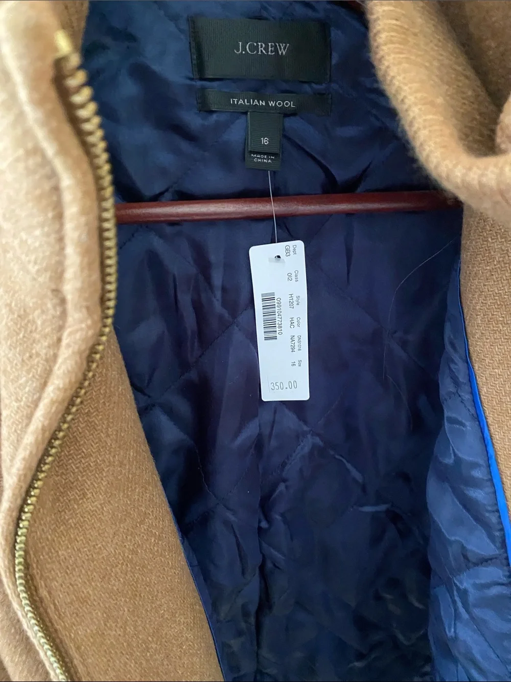 J. Crew Camel Wool Zip-Front Pea Coat